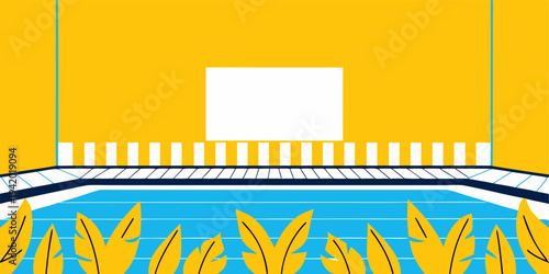 Empty stage with blank banner and decorative leaves