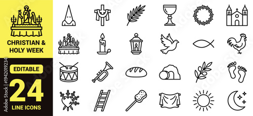 Christian and Holy Week icon set with crosses, resurrection symbols, worship elements, passion imagery, and essential Christian ranking graphics illustrated in a clean modern line‑art vector style