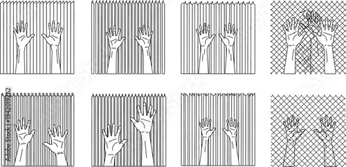 Collection of illustrated human hands in various gestures featuring striped and transparent backgrounds ideal for conceptual graphic design and digital projects