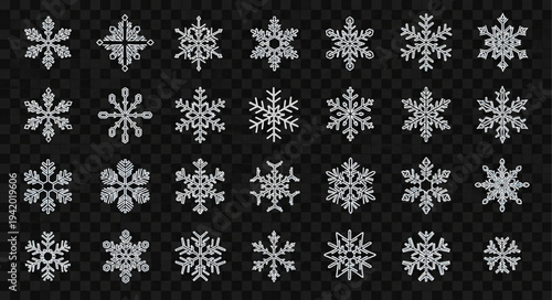 Collection of Various White Snowflakes on Black Background.