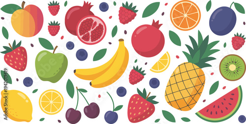 An appealing and diverse collection of fresh fruits arranged creatively on a bright white background
