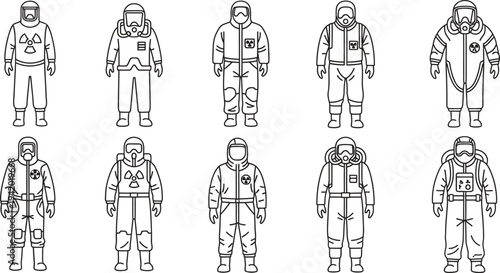 Collection of hazmat suits and protective gear icons featuring various designs and radiation symbols ideal for safety emergency or scientific presentations