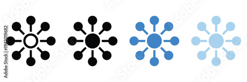 Central hub and spoke network connection diagram icon, variations of line and solid fill in black and blue, representing data linkage
