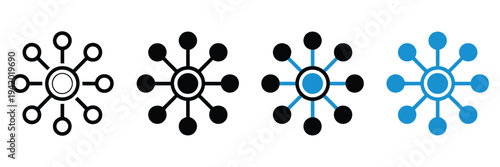 Central hub and spoke network connection diagram icon, minimalist vector set with black and blue line and filled styles