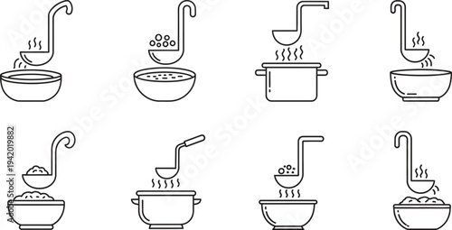 Minimalist line art icons depicting ladles bowls and pots illustrating food preparation and serving ideal for kitchen-related apps and websites