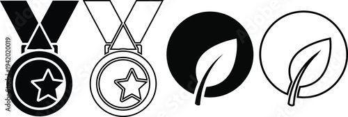 Medal and leaf icons in black and white, symbolizing achievement and nature