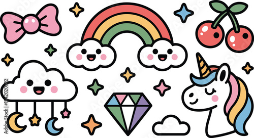 Adorable collection of colorful cartoon elements including a unicorn, rainbow, clouds, and stars on white