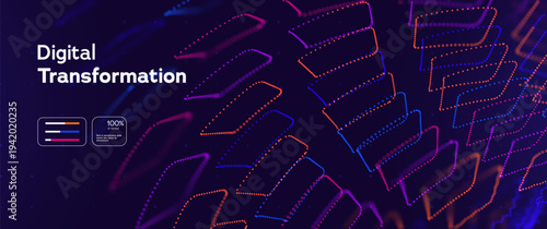 Digital Transformation Abstract Data Waves With Colorful Neon Dots And Flowing Lines On Dark Background For AI, Big Data And Innovation. Digital Transformation Technologies. Vector Illustration