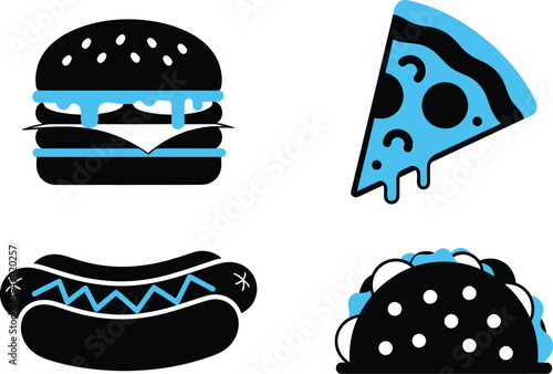Colorful fast food icons featuring a burger pizza hot dog and ice cream
