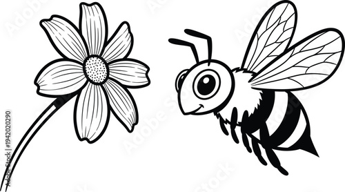A black and white illustration of a bee flying towards a flower with six petals on a plain background