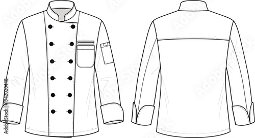 White chef coat front and back view with buttons and pocket white chef jacket