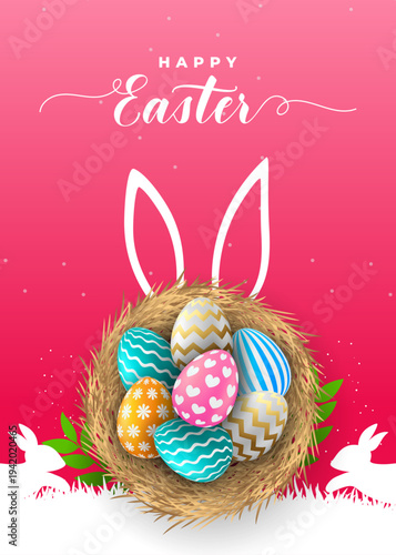 Happy Easter text Wen banner with stylish bunny ears and patterned eggs on Pink digital background for holiday, Minimal Easter greeting card with golden eggs. Elegant design. Space to write text. 