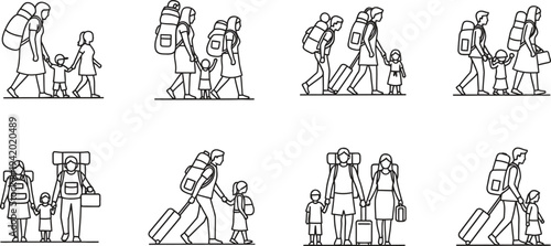 Diverse set of family travel illustrations showing parents and a child with luggage like backpacks and suitcases in a minimalist line art style ideal for journey vacation and migration themes