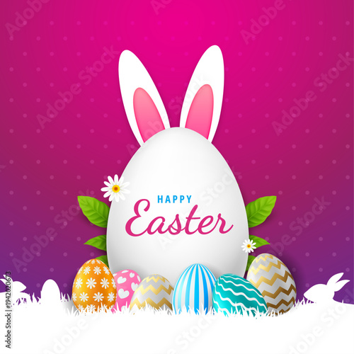 Easter season vector poster set. Happy easter greeting text with colorful egg prints and pattern for holiday seasonal card collection design. Vector illustration.