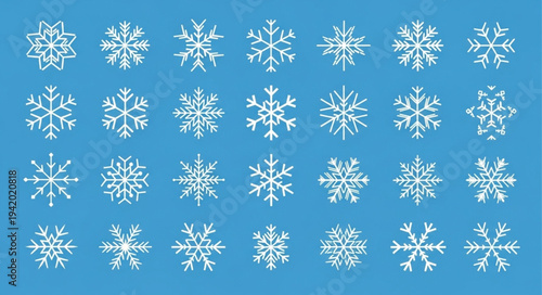 Collection of Various White Snowflakes on Blue Background.