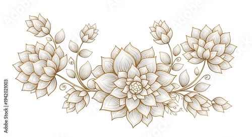 Beautiful hand drawn floral arrangement illustration on white background with golden color