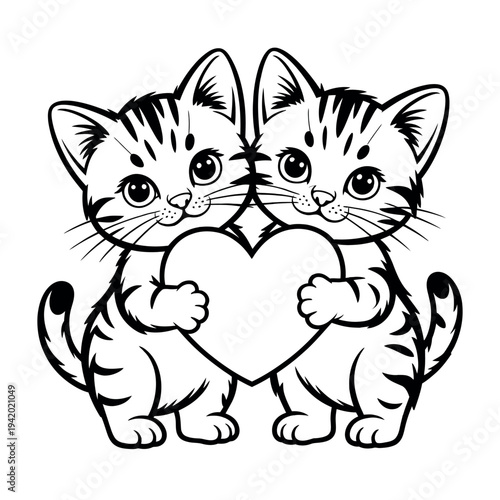 Two adorable cartoon cats holding a heart together in a sweet illustration