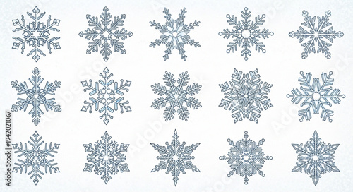 Collection of Various Blue Snowflake Designs for Winter Themes.