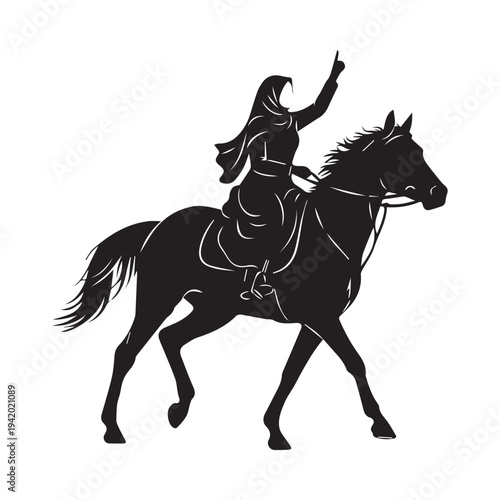 A woman in a headscarf riding a horse and pointing upwards with her hand