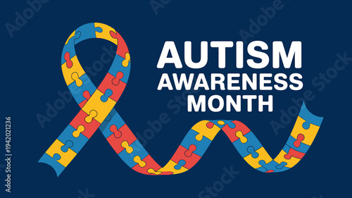 Autism awareness month puzzle ribbon on blue background for support and education