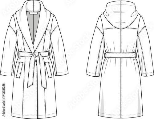 White robe with belt and hood shown from front and back belted robe hooded robe long sleeve