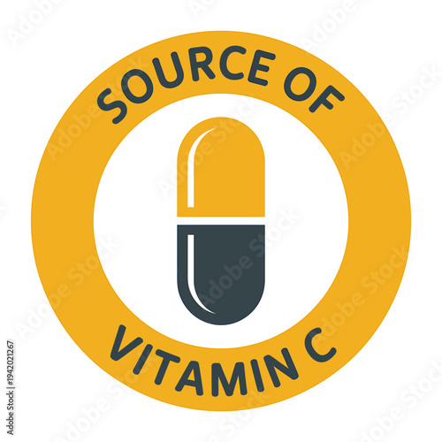 Vitamin C supplement pill icon with orange and dark grey capsule in circle frame