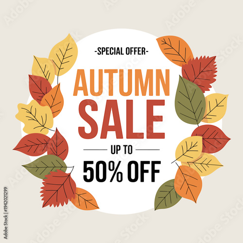 Autumn sale special offer up to fifty percent off discount leaf wreath advertisement