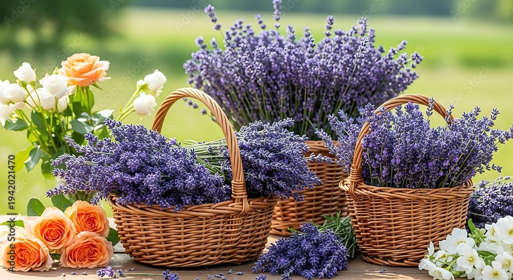 Fototapeta premium Fresh lavender flowers in wicker baskets surrounded by other blooms in a serene outdoor setting