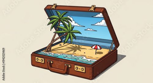 Vintage suitcase with tropical beach scene and palm tree on transparent background