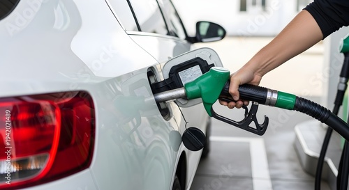 Person refueling white car at gas station