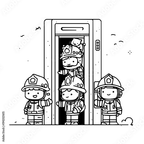 Firemen Emerging from Elevator in Cartoon Style