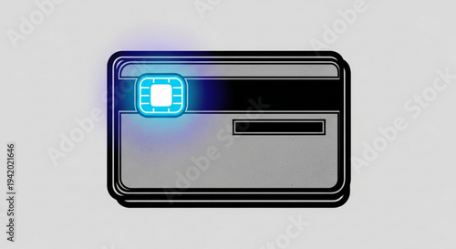 Glowing blue chip credit card with black and gray details on transparent background