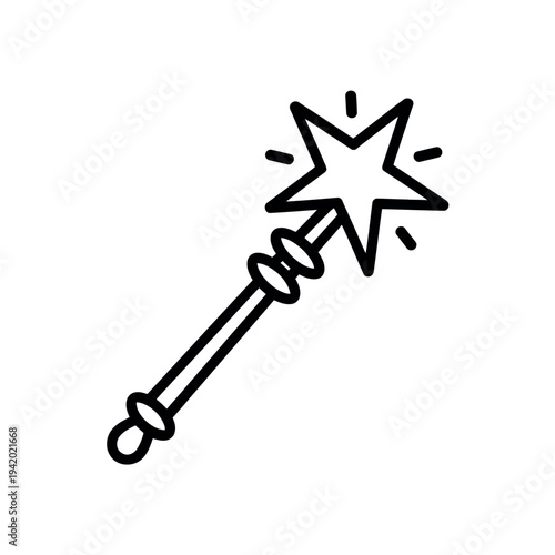 A simple black and white illustration of a magic wand with a star on top