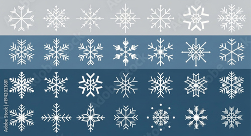 Collection of Various Snowflake Patterns on Blue Background.