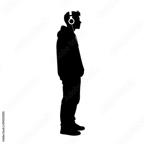 Standing Man with Headphones Vector Silhouette Isolated on White Background