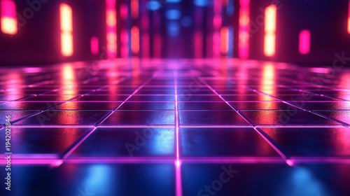 Retro futuristic neon grid floor