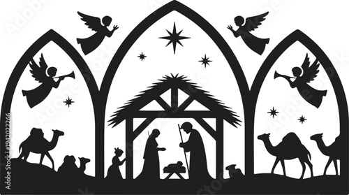 A wide black silhouette portrays the Christmas nativity scene with angels, camels, shepherds, and the Holy Family