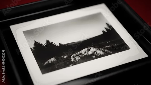 Framed black and white landscape photo of mountains and trees  