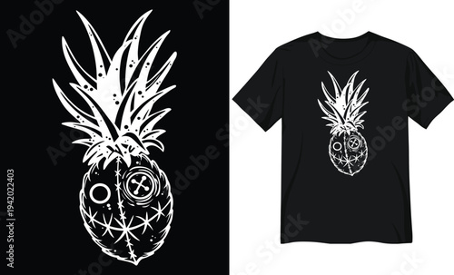 Creepy Voodoo Pineapple Illustration with Stitched Details and Button Eye