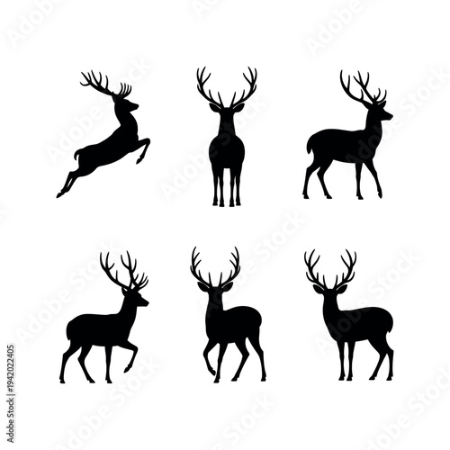 Six diverse deer and doe silhouettes in various standing poses with antlers vector set
