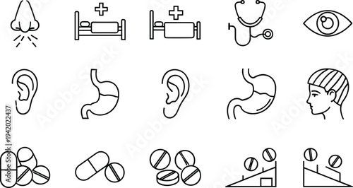 Medical, healthcare, line, icons, hospital, medicine, stethoscope, pills, ear, eye, nose, stomach, patient, diagnosis, treatment, clinic, health, symbol, vector, set