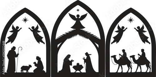 Black silhouettes illustrate three arched panels depicting the traditional Christmas Nativity story with angels and wise men