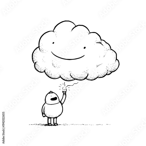 Smiling Cloud Above Man with Speech Bubble