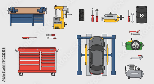 Car on a lift with tools.