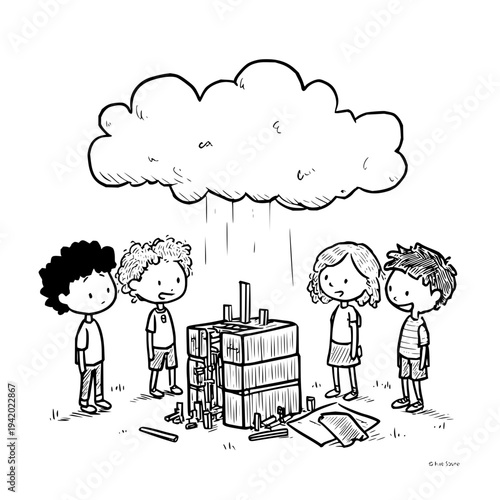 Sad Children Standing Around Broken Machine Under Rain Cloud