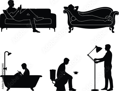 Black Silhouette Vector Set of People Relaxing at Home on Sofa Bathtub and Toilet Using Smartphones and Reading Under Floor Lamp Lighting 