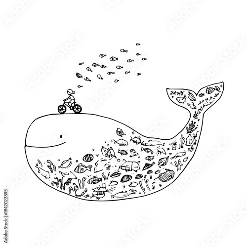 Man Riding Bicycle on Whale with Seaweed and Fish
