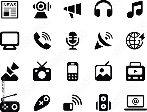 Black media and communication icons set featuring newspaper, microphone, telephone, satellite, radio, laptop, and multimedia symbols for web and app design.