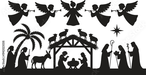 A detailed silhouette of the holy nativity scene showing Mary, Joseph, baby Jesus, shepherds, and angels