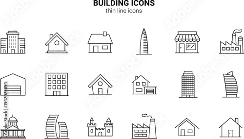 Collection of minimal thin line building icons featuring house, skyscraper, factory, store, warehouse, castle, and residential architecture for real estate design.